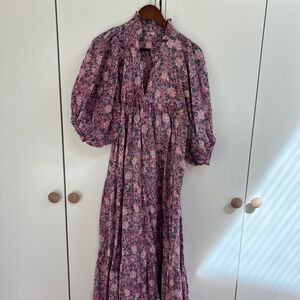 Block Print Floral Pink Maxi Dress with Puff Sleeves *christy dawn*
